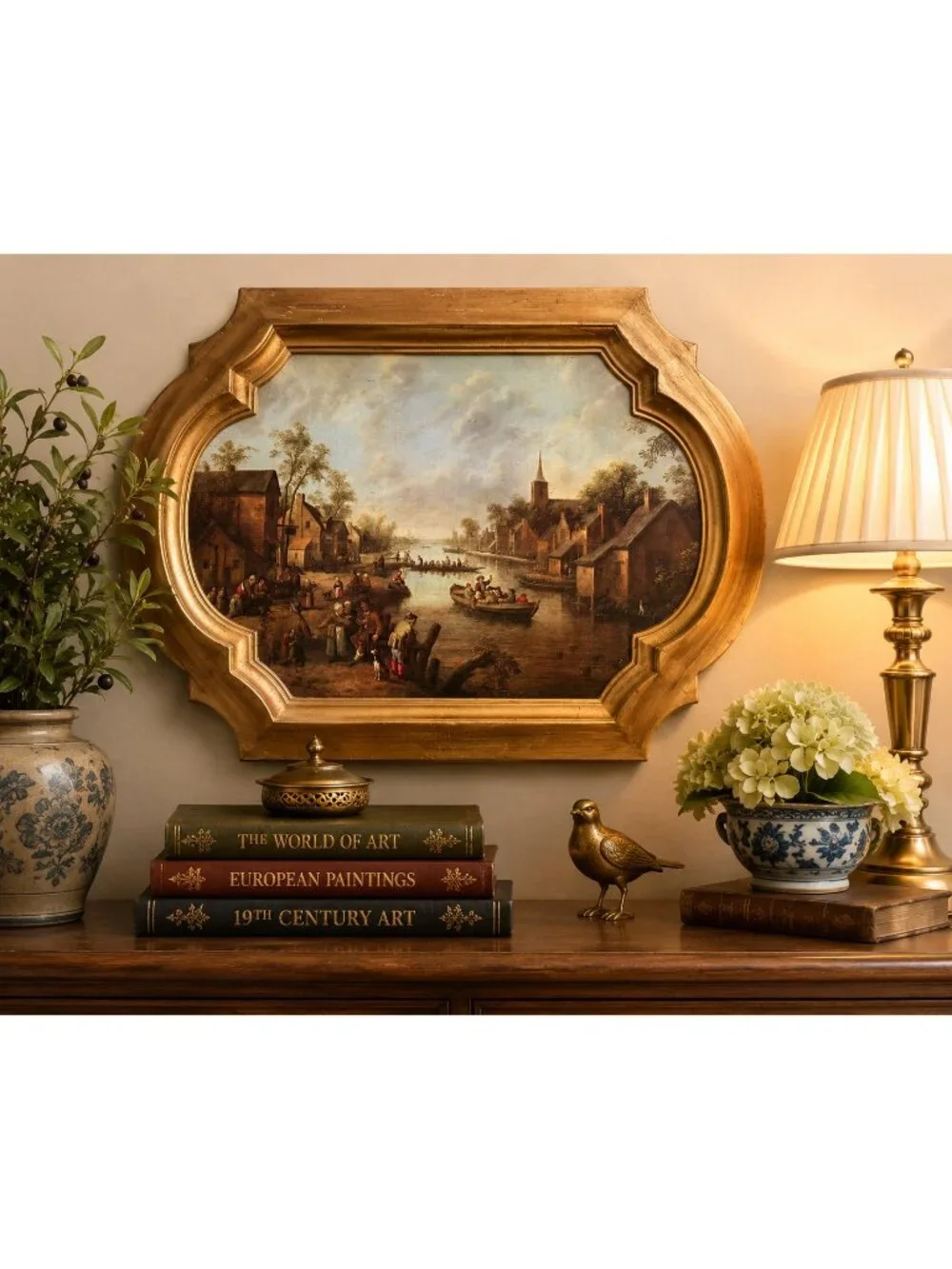 Vintage Italian Framed Dutch Canal Village Print French Tuscan Gold Resin Tray